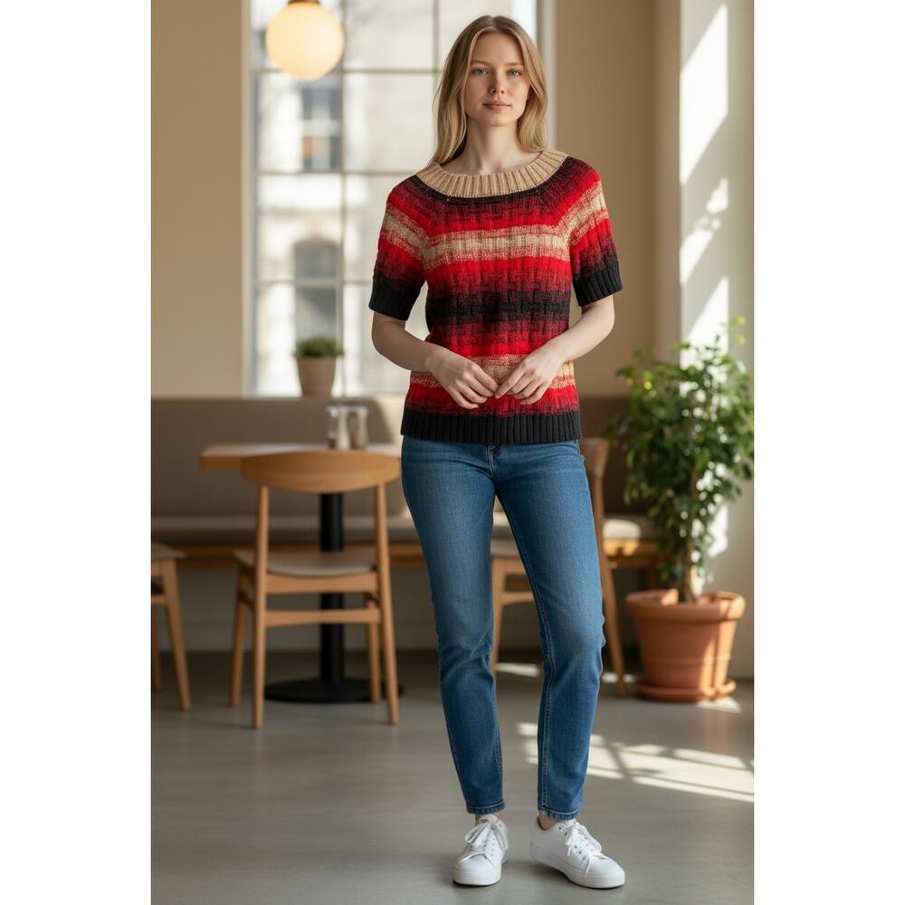 2/$30 THE LIMITED Sweater Size XS Red Cream Knit Short Sleeve Cotton Wool Blend